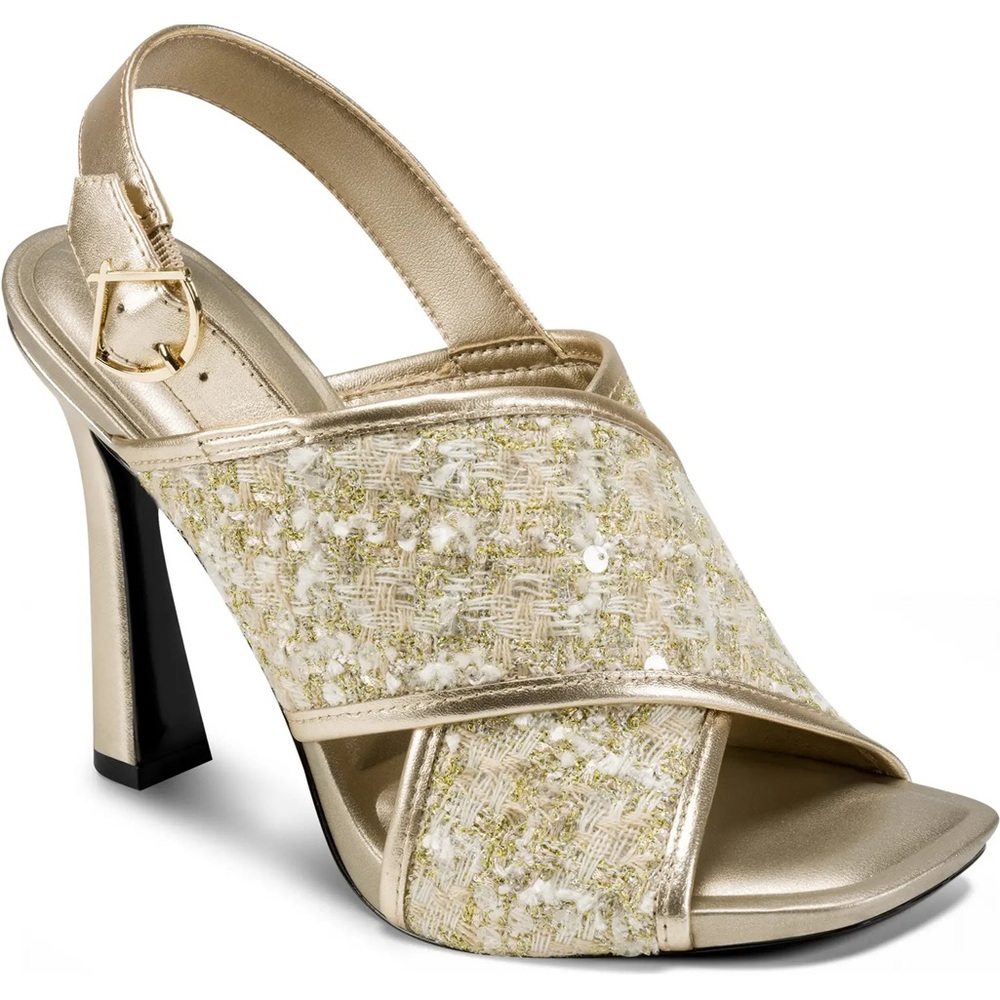 Karl Lagerfeld Gold Embellished Tweed Crisscross Slingback Heels